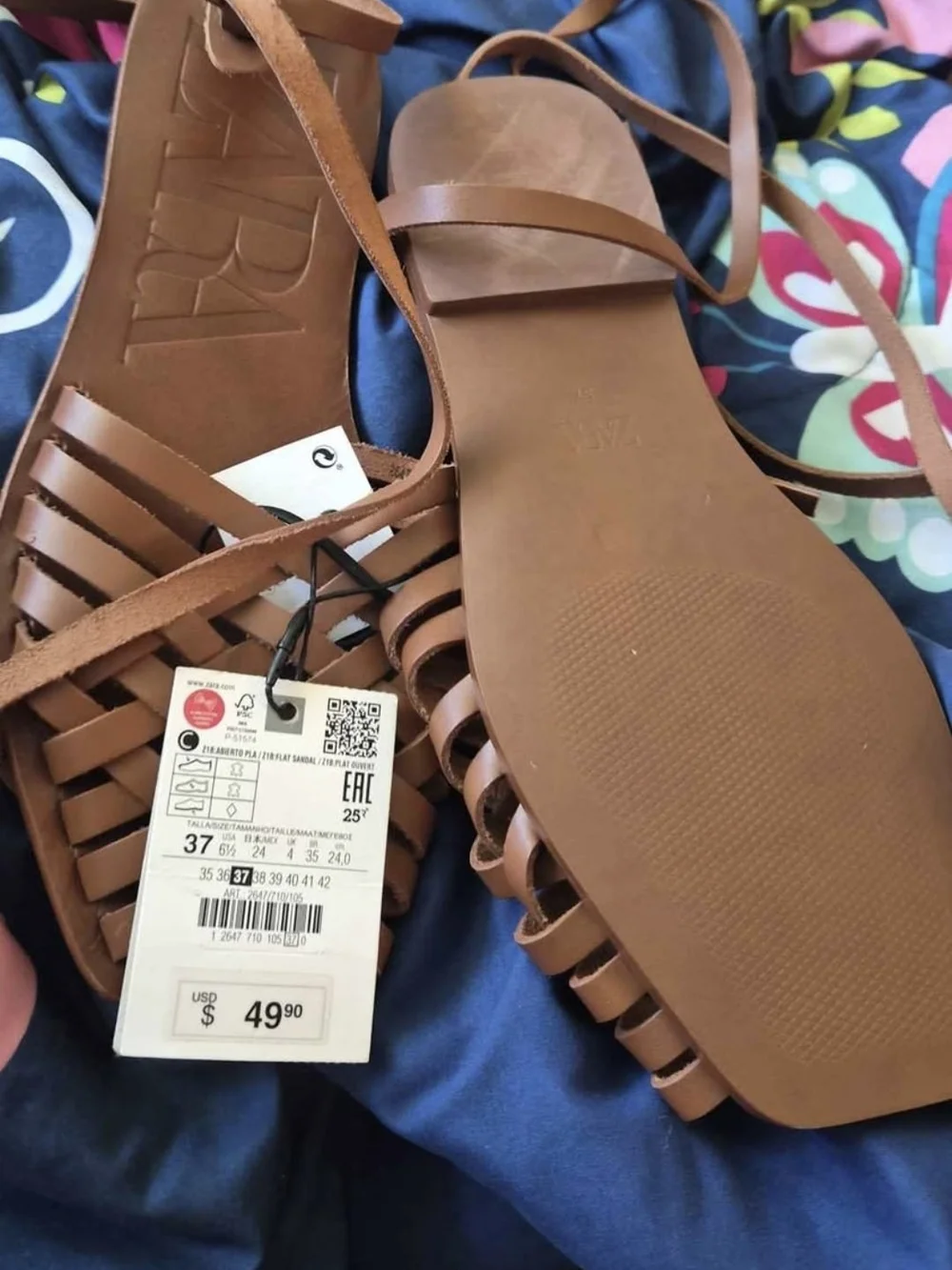 Zara Brown Leather Wrap-Ankle Flat Sandals - Picture 2 of 2